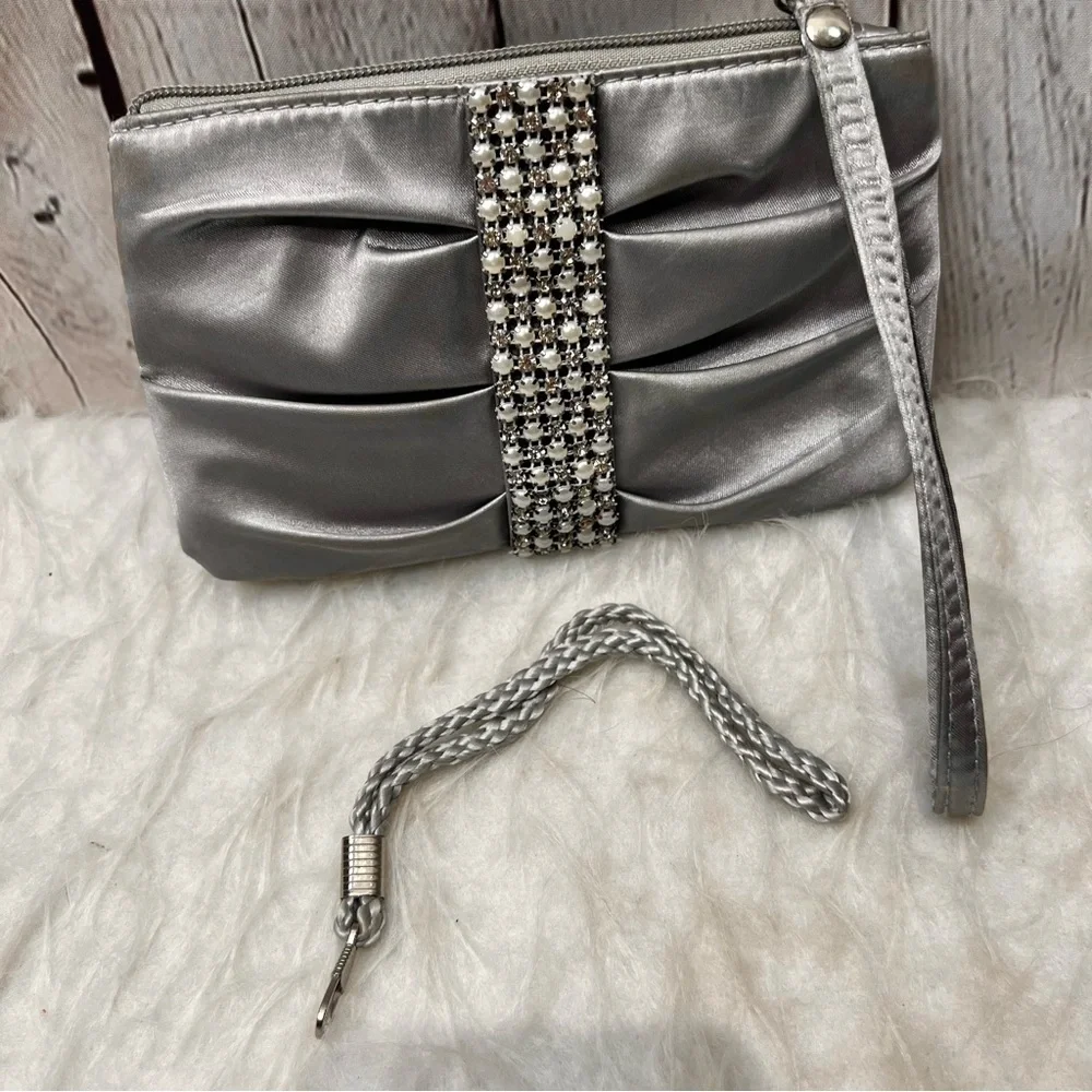 RSVP Charming Charlie Clutch Purse Silver Satin Rhinestone Pearl Wristlet Glam